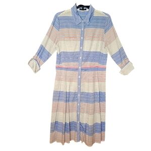 Tommy Hilfiger Shirt Dress Roll Tab Sleeve Pleated Skirt Collard Striped Dress 8